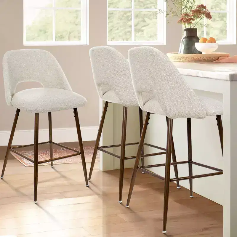 Set of 3 Mid-Century Modern Counter Height Bar Stools, 26 Upholstered Kitchen Island Chairs with Walnut Finish Metal Legs - Panipeachy