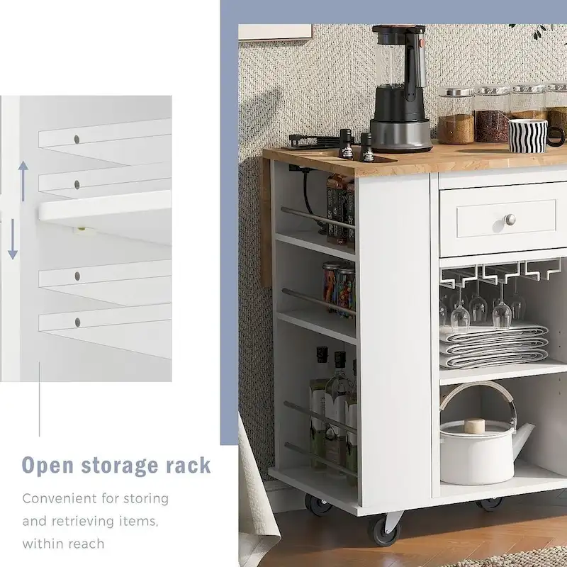 Kitchen Island Cart with Wheels ,Power Outlet, Drop Leaf, Wine Rack
