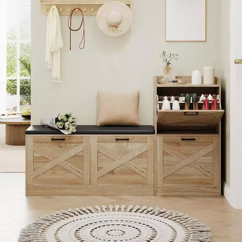 Shoe Storage Bench with 4 Flip Drawers & Padded Seat Cushion, Wooden Narrow Hidden Shoe Cabinet Organizer