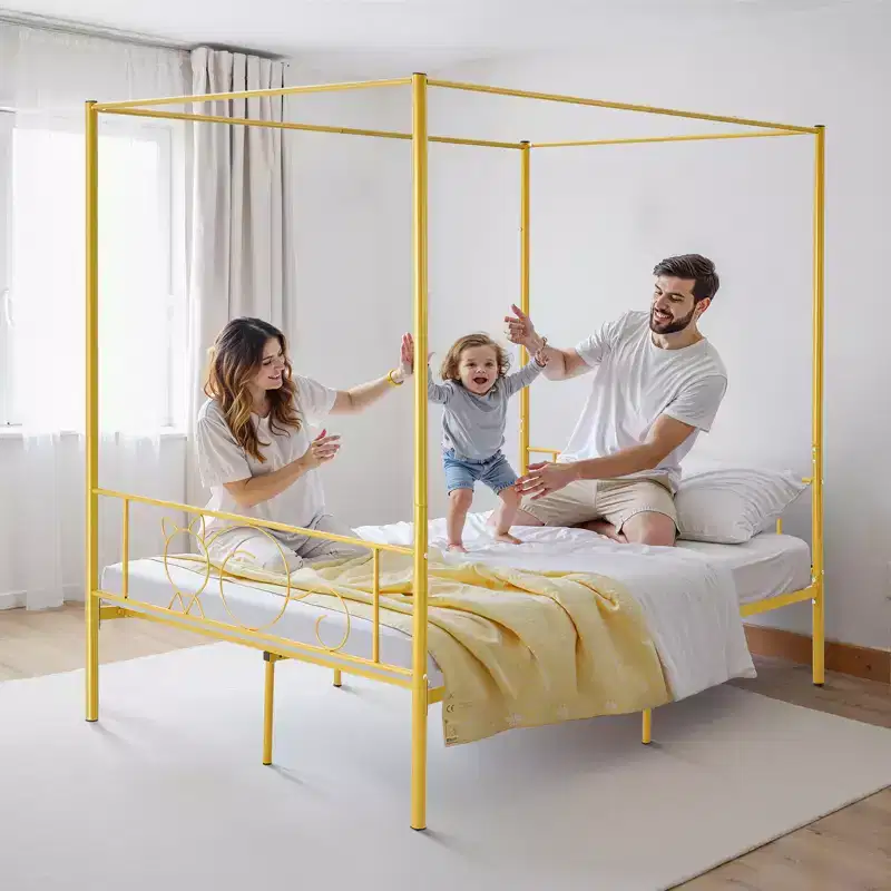 VEVOR Full Size Canopy Bed Frame, Metal Canopy Bed with Minimalist Headboard & Four Posters Design, Heavy Duty Steel Slats Support, Gold