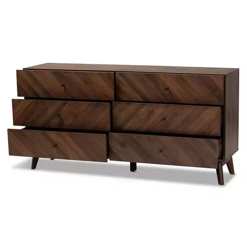 6-Drawer Dresser Walnut Brown Mid-Century Modern 63