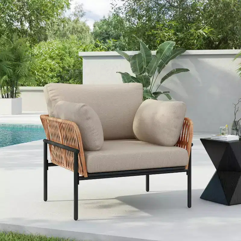 36-Inch Beige and Light Wood-Tone Rope Iron Lounge Chair with Cushions, for Natural Spaces