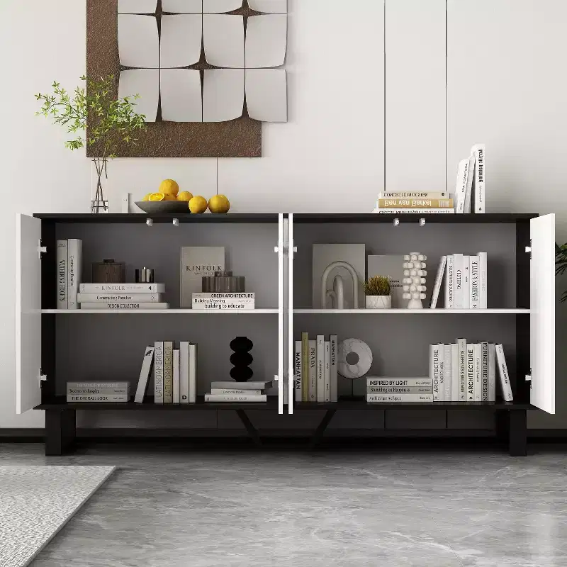Famapy Modern Black & White Buffet Sideboard: Geometric Pattern Doors, Adjustable Shelves  Spacious Storage for Dining & Living Spaces