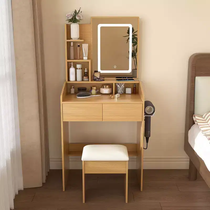 Okak Makeup Vanity with Power Outlet, Hairdryer Holder & Stool, Makeup Desk with 2 Drawers and 5 Shelves, Dressing Table for Bedroom, Wood
