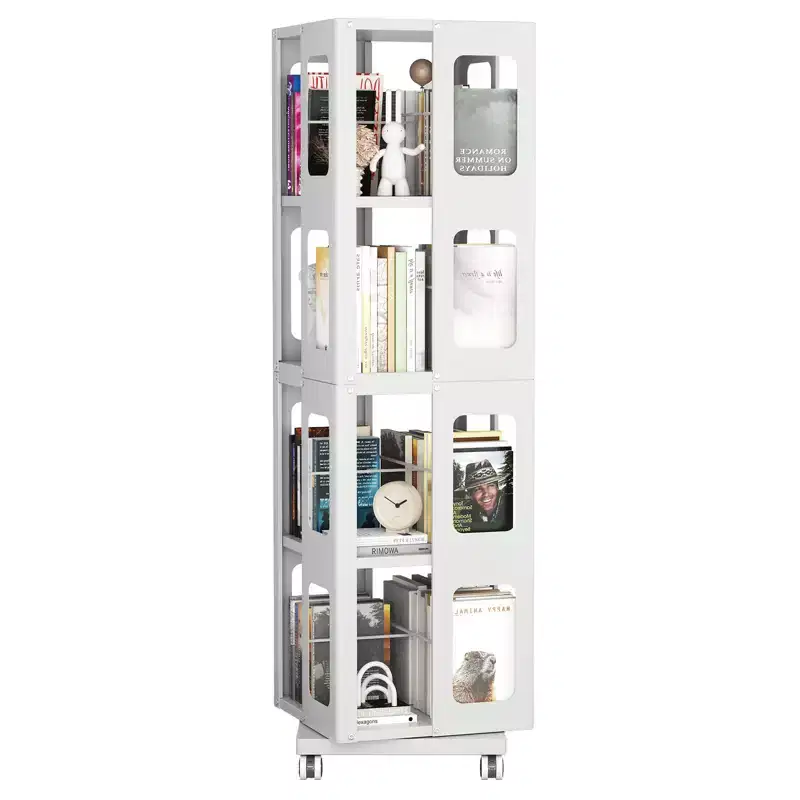 360° Rotating Bookshelf with Wheels – 4-Tier Steel Storage Organizer for Living Room & Office