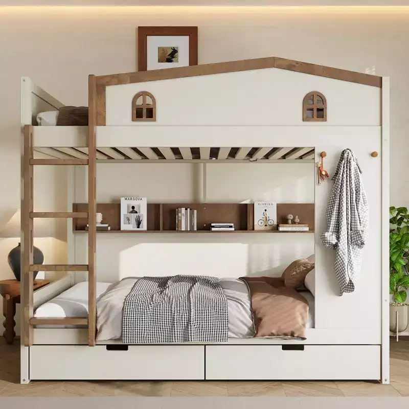 Queen Size Bunk Bed with Trundle/Drawers & Shelves, Solid Wood Bunk Bed Frame, No Box Spring Needed
