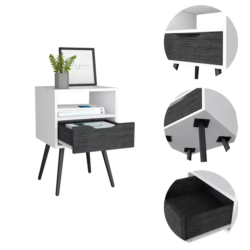 Modern Nightstand with Open Shelf and Single Drawer, Smokey Oak / White Finish