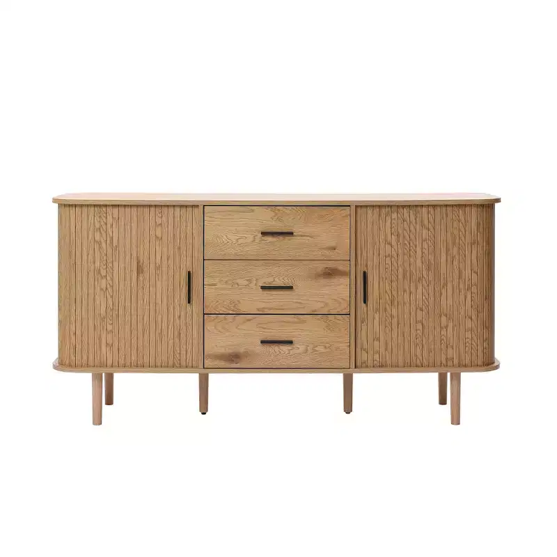 LuxenHome Oak Finish MDF Wood 3-Drawer Sideboard Cabinet with Sliding Doors & Rounded Corners