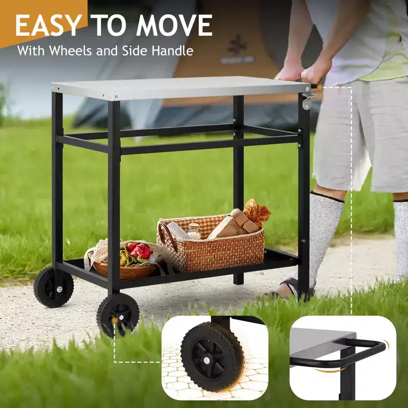 ROVSUN Upgraded Grill Dining Cart Table, Stainless Steel Bar Table Top, Movable Kitchen Island Stand for Outdoor Food Prep, Pizza Oven, Accessories