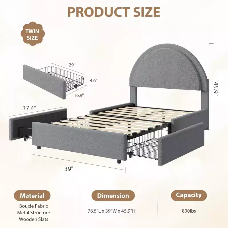 Twin Size Boucle Bed Frame with 2 Storage Drawers, Soft Upholstered Platform Bed Frame with Round Headboard, Wooden Slats, No Box Spring Needed