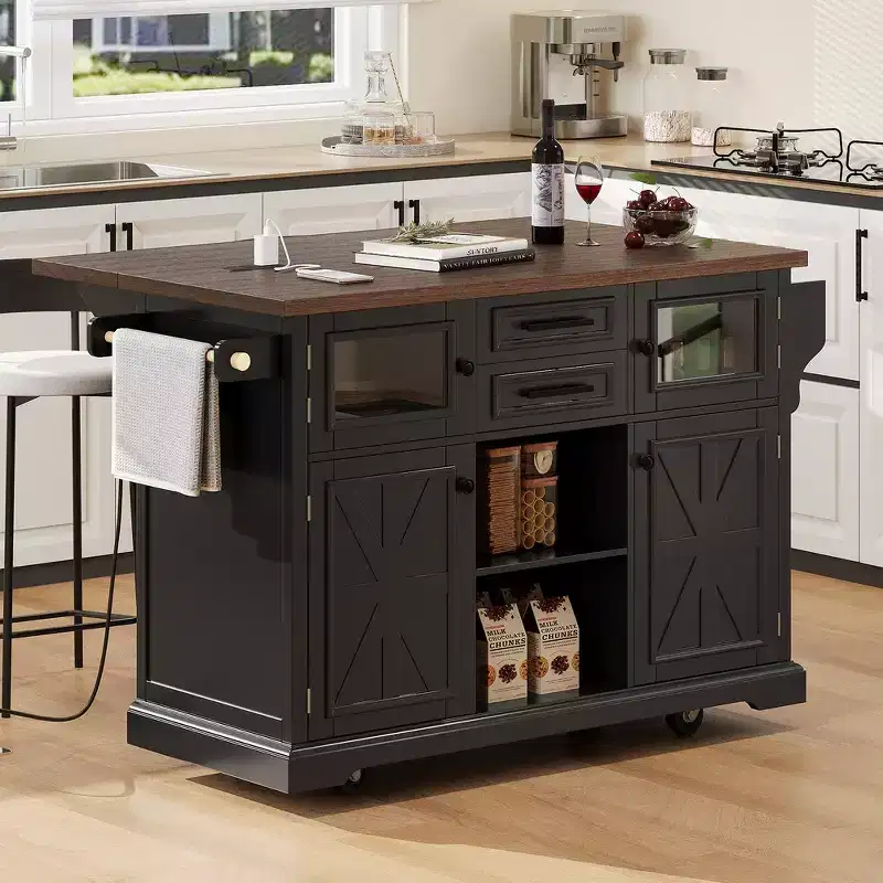 Whisen 54.9 Kitchen Island, Drop Leaf, Power Outlet, Cross Barn Doors & 4 Wheels