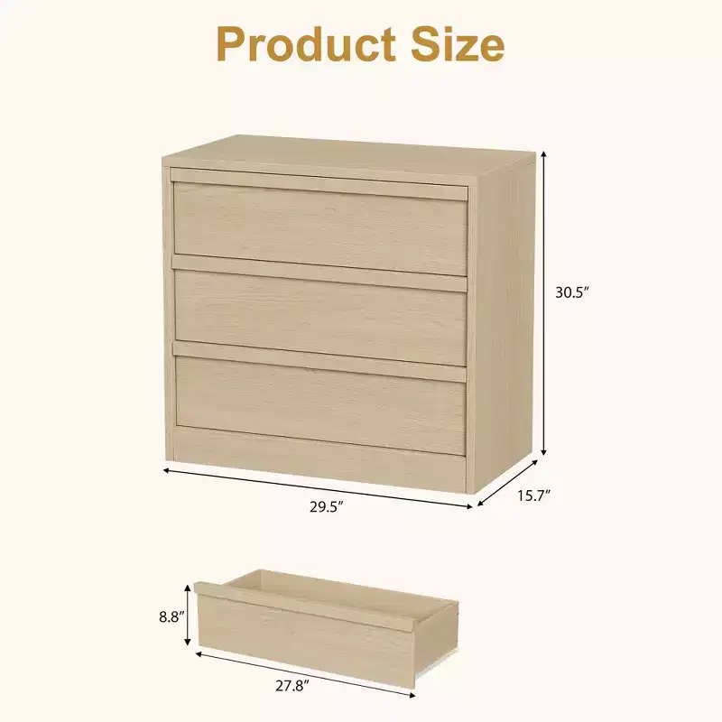 3/4 Drawer Dresser for Bedroom, Natural Oak Nightstand 3 Chest of Drawers with Large Storage, Small Modern Bedside End Table for Living Room, Nursery