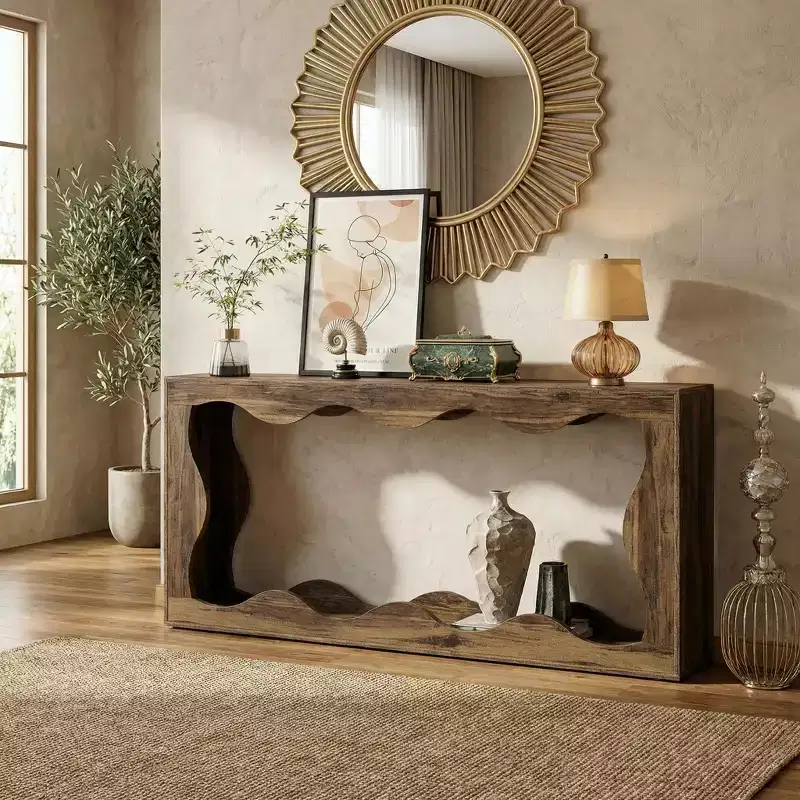 JVNOXK Modern Industrial Farmhouse End Table with Wavy Design 2-Tier Side Table for Living Room Entryway