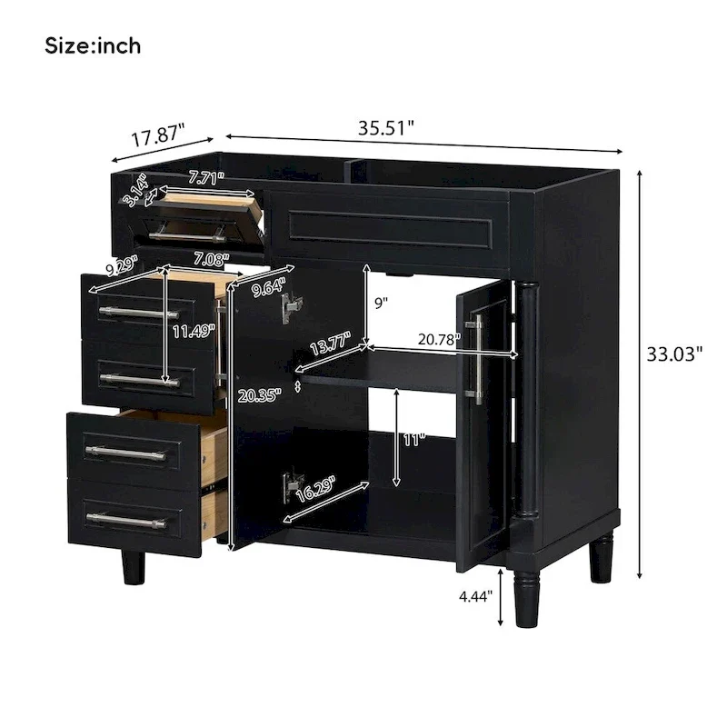 36 Wood Bathroom Vanity with Drawers and Adjustable Shelf (No Sink)