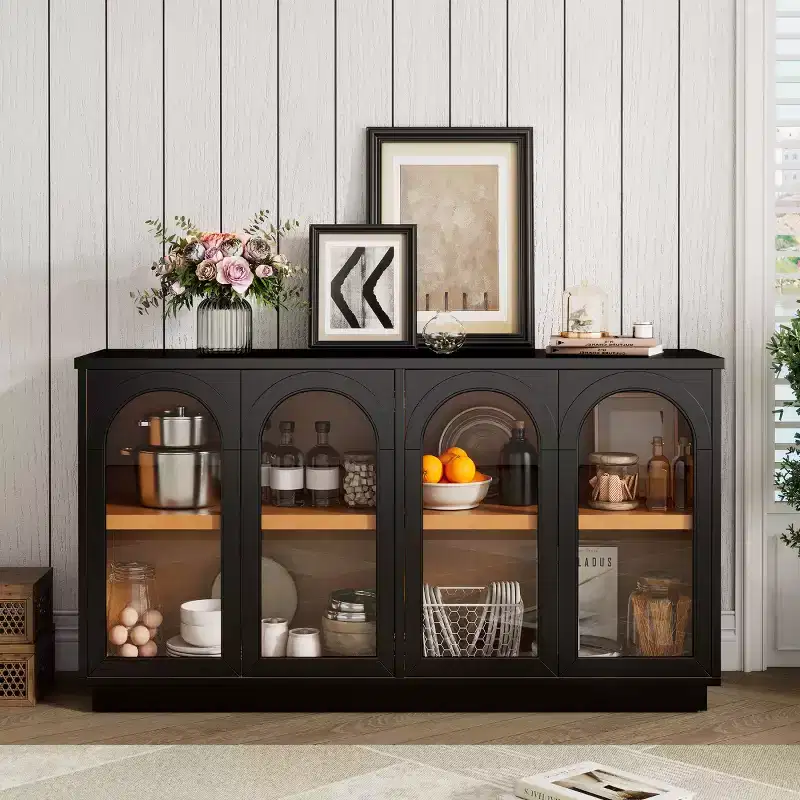 Modern Arched Glass Door Sideboard Buffet Cabinet, Media Console with Adjustable Shelf, Push-to-Open System - Panipeachy