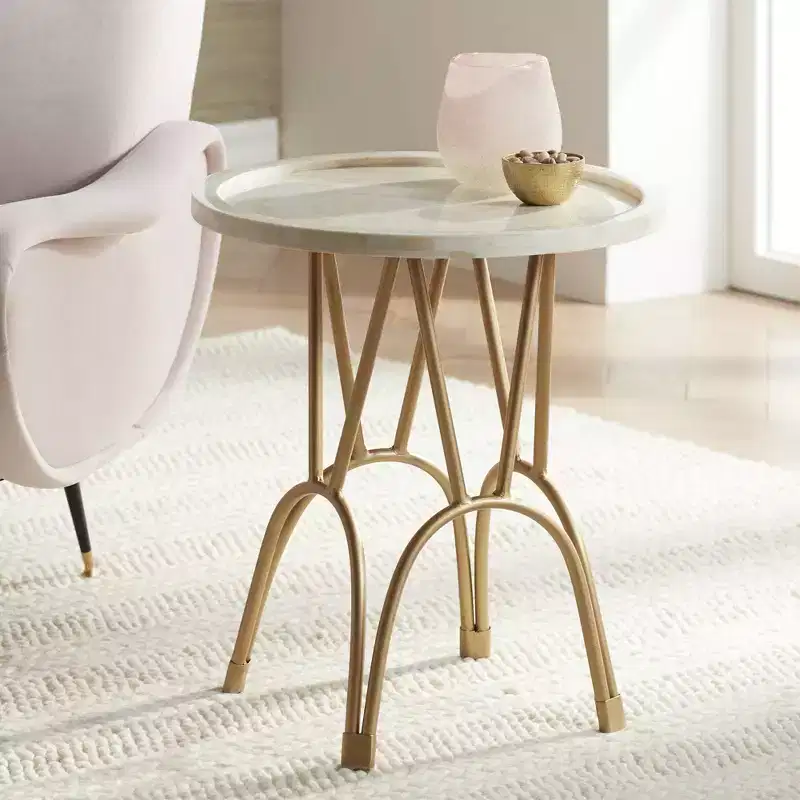 Modern Metal Round Accent Table 20 Wide Gold Mosaic Bone Tile Tabletop for Living Room Bedroom Bedside Entryway