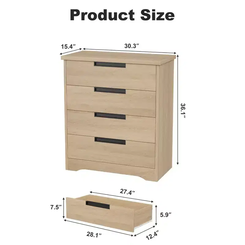 4-Drawer Modern Dresser with Recessed Handles, Wooden Storage Cabinet for Bedroom Living Room Nursery