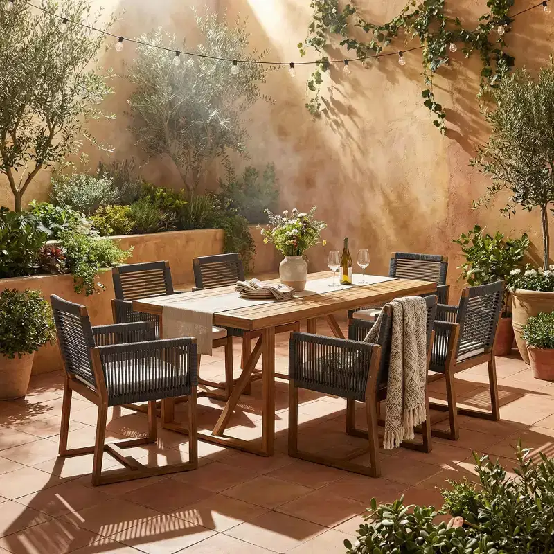 Christopher Knight Home Thrinot Modern 7 Piece Patio Acacia Dining Set with Slatted Table and Rope Design