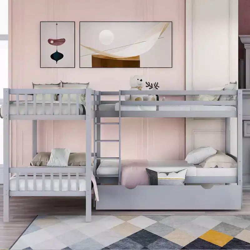 Twin Size L-Shaped Bunk Bed for 4 with Storage Drawers