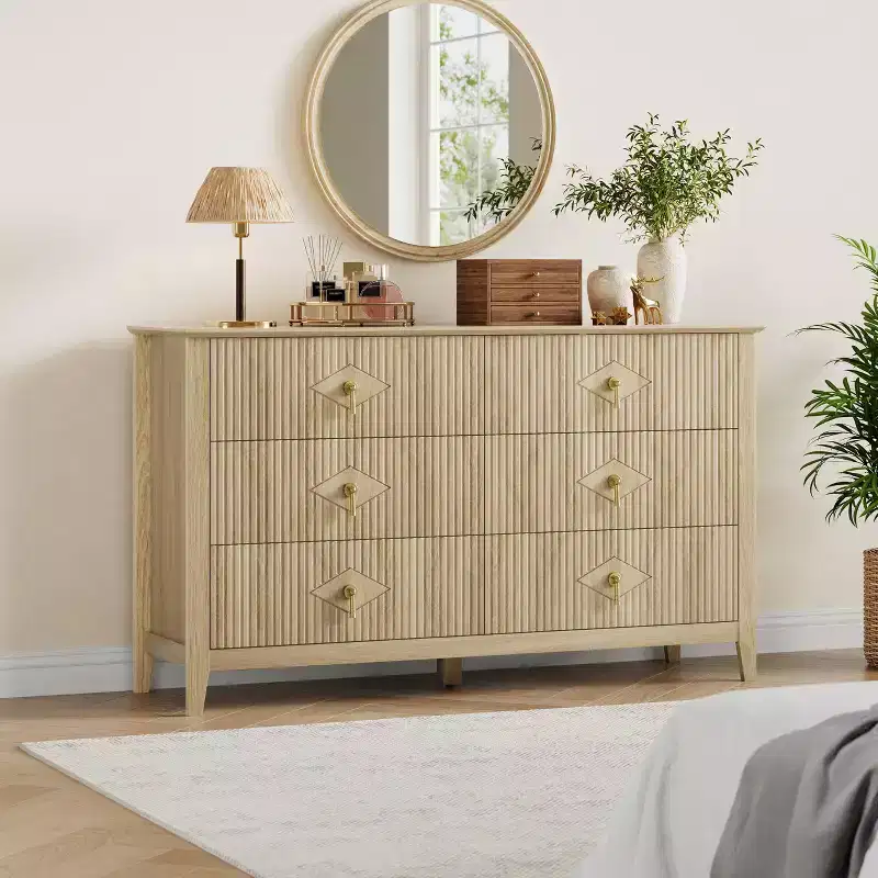 54 Wide 6-Drawer Dresser, Modern Chest with Metal Handles for Bedroom Storage, Natural Wood