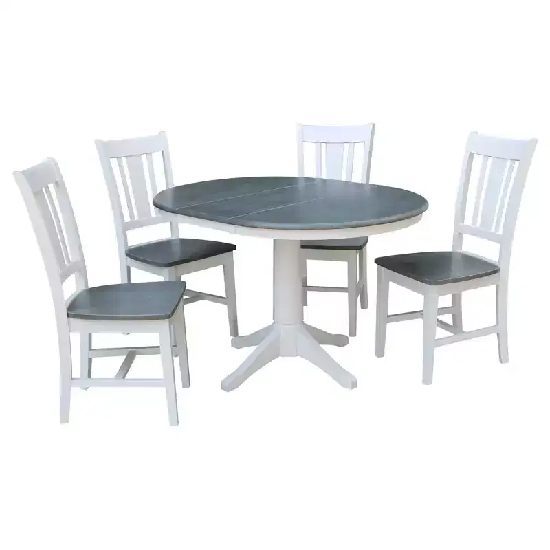 International Concepts 36" Valerie Round Extendable Dining Table with 4 Chairs White/Heather Gray: Mid-Century Modern 5-Piece Set