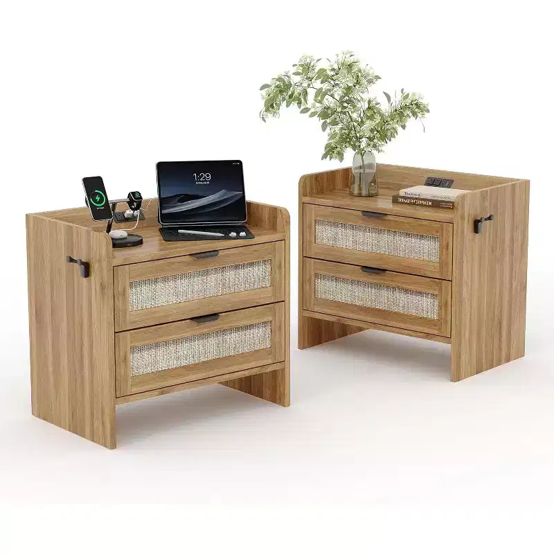 Rattan Nightstand with Charging Station, 2-Drawer Boho Bedside Table with Type-C Port and USB