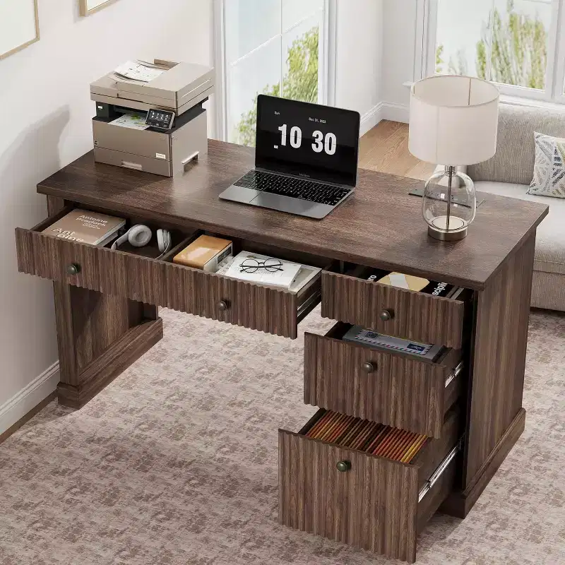COZONY 60 Modern Office Executive Desk with Fluted Wood Top, File Cabinet & Drawers, Spacious Storage Writing Desk for Home Office, Study & Bedroom