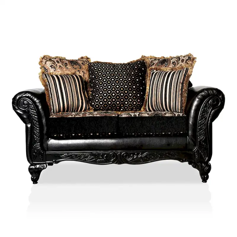 Chateau Traditional Black Faux Leather Upholstered Loveseat by Furniture of America