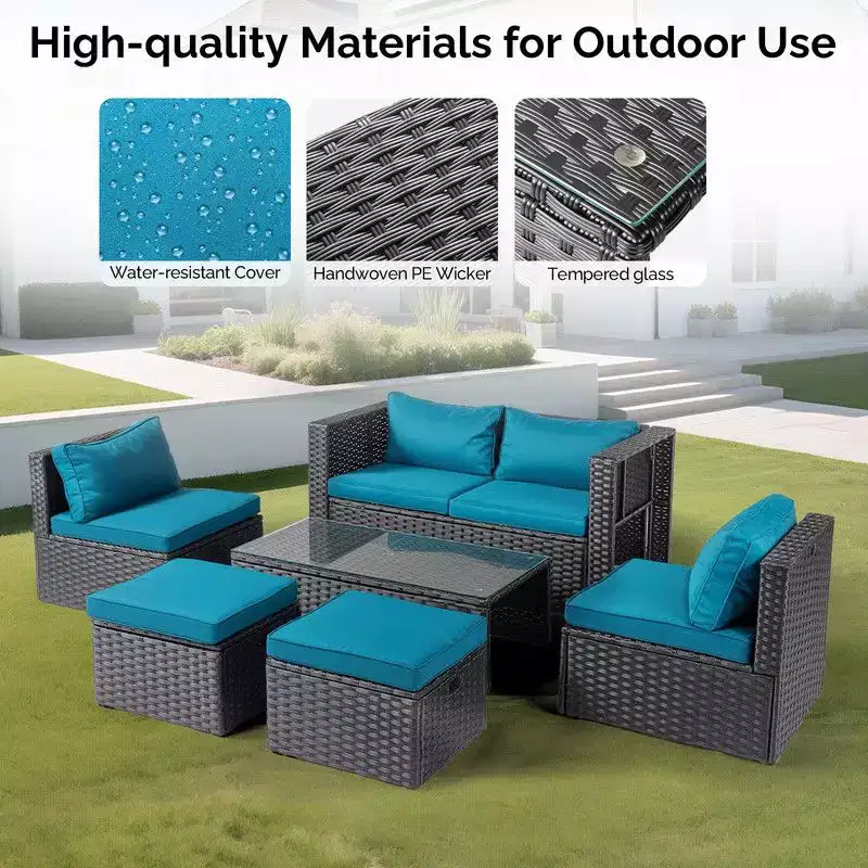 Karl Home Patio 6-Piece Black Wicker Conversation Set with Malachite Green Cushions