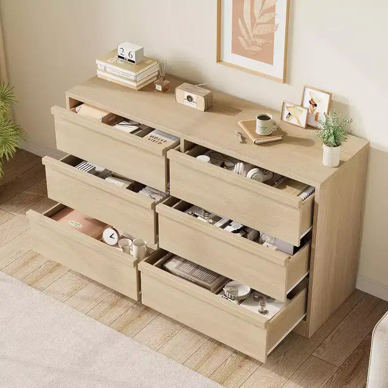 6-Drawer Storage Dresser With Waterproof Top, Natural Oak Finish, For Bedroom Or Entryway