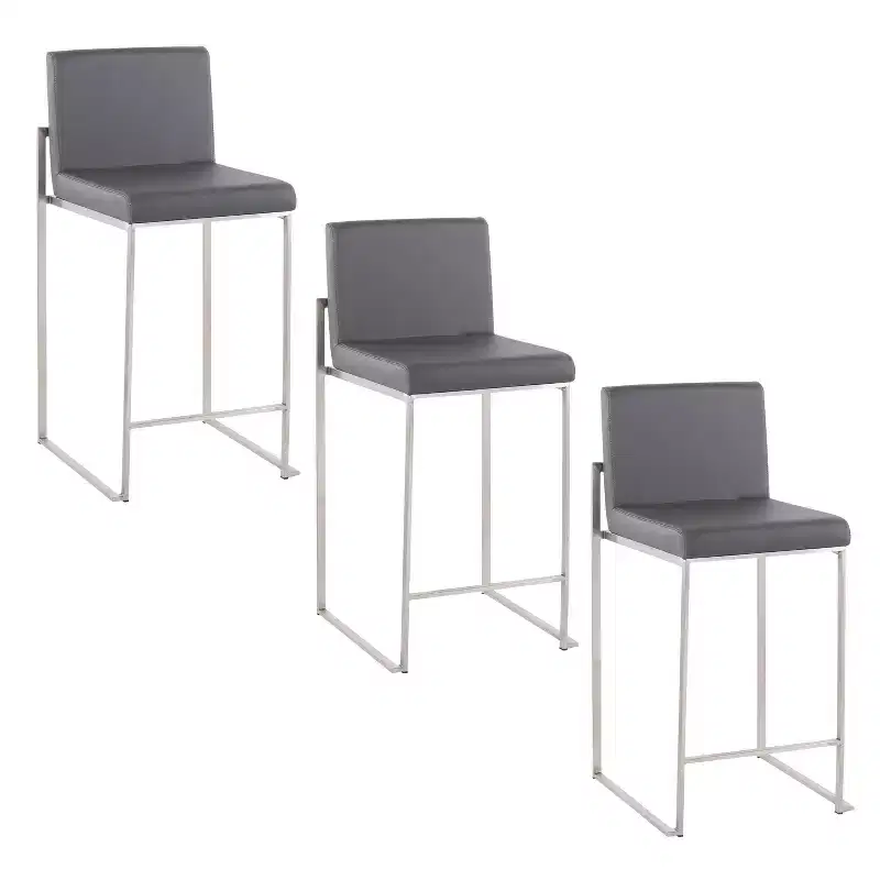 LumiSource Fuji High Back Counter Height Barstool Stainless Steel/Gray PU