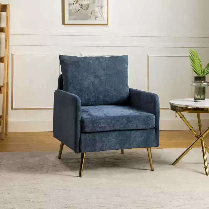 Wooden Upholstered Accent Chair Comfy Armchair with Metal Legs, Navy