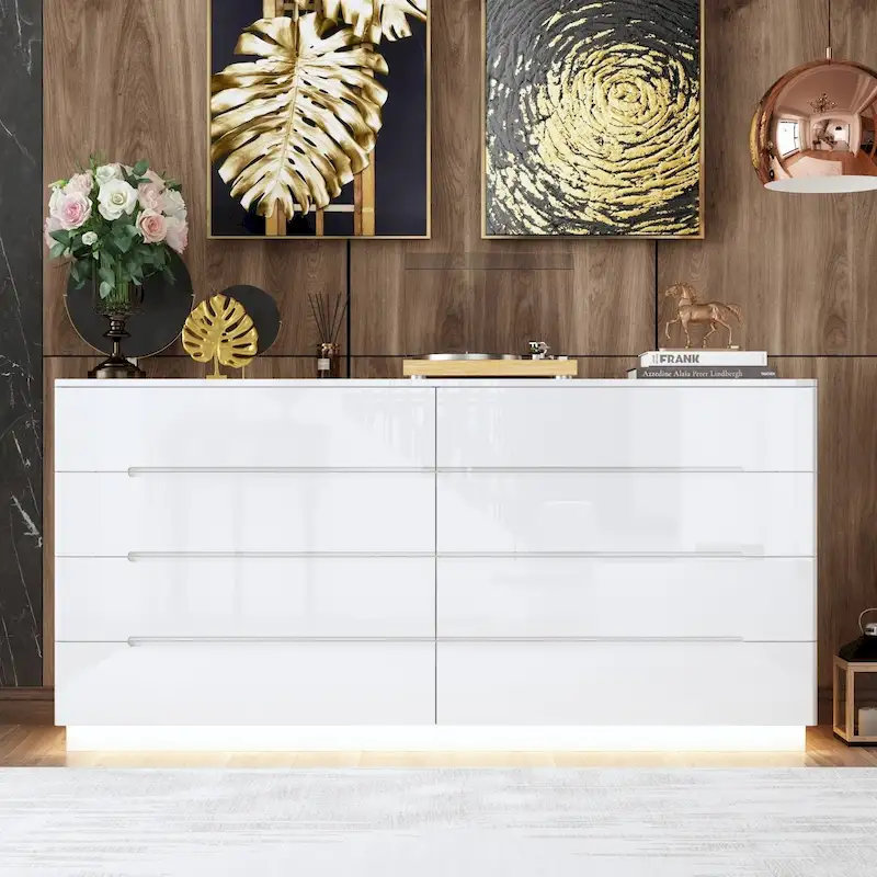63 High Gloss Dresser With Light Chest w/8 Drawers&Spacious Tabletop