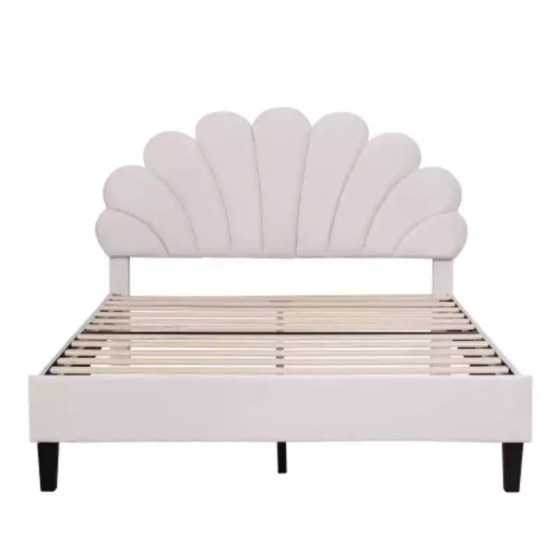 Bean Paste Red Full-Size Upholstered Platform Bed with Floral Velvet Headboard