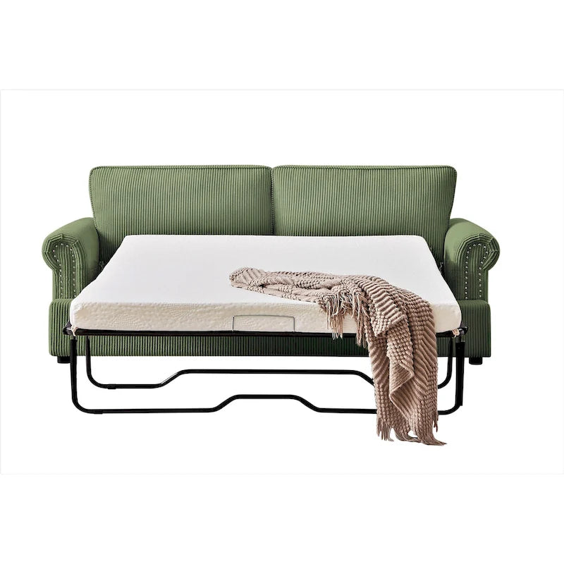 76-Inch Corduroy Sofa Bed with Round Arms and Pull-Out Queen Mattress