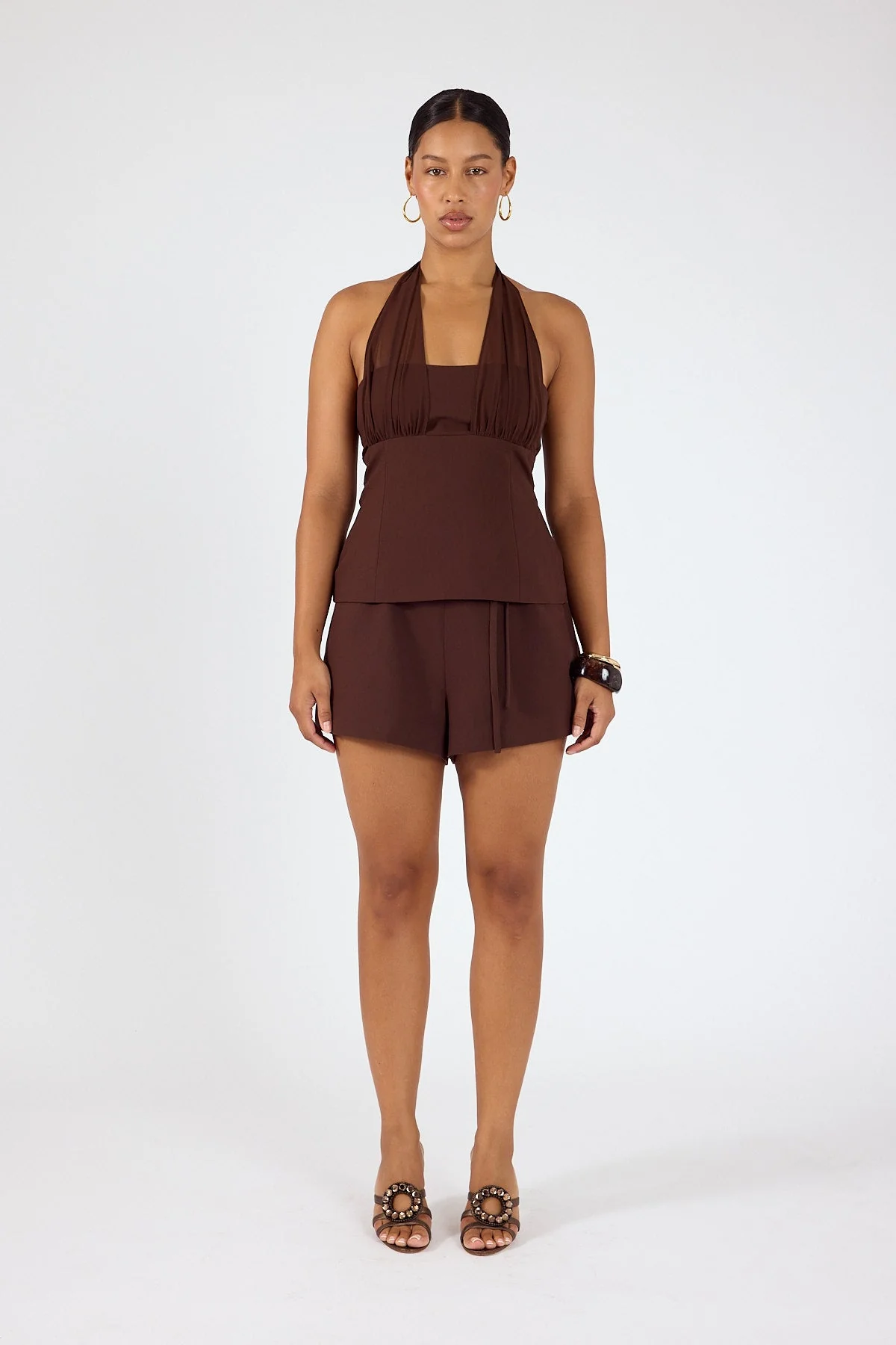 Mid Waisted Suiting Shorts Brown