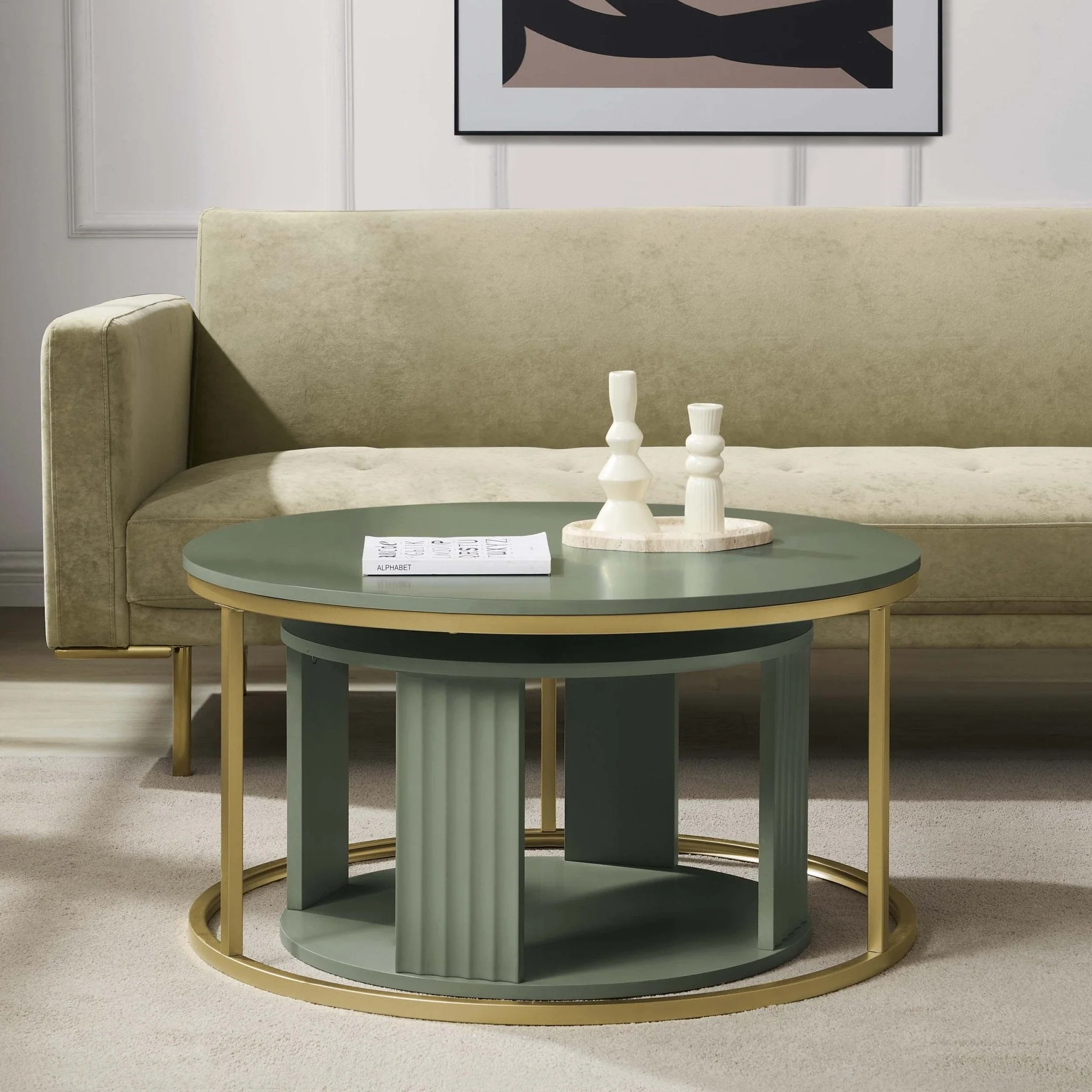 Modern Vetiver Painted Coffee Table with Gold Accents for Living Room