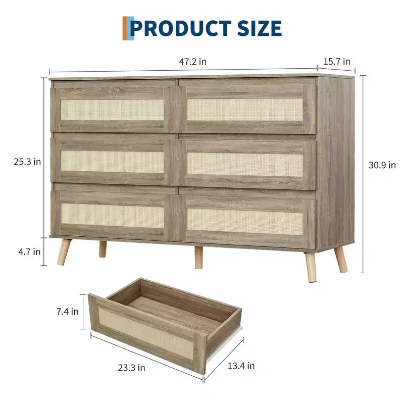 6 Drawer Dresser for Bedroom, Rattan Chest of Dressers, Natural