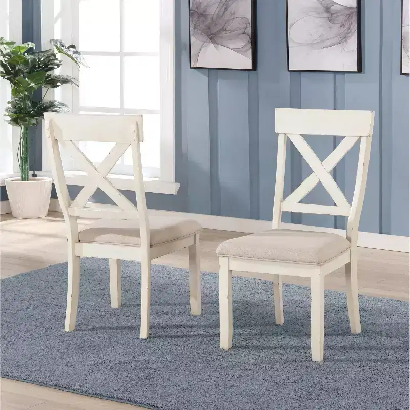 Roundhill Furniture Prato Wood Cross Back Upholstered Dining Chairs, Antique White, Set Of 2