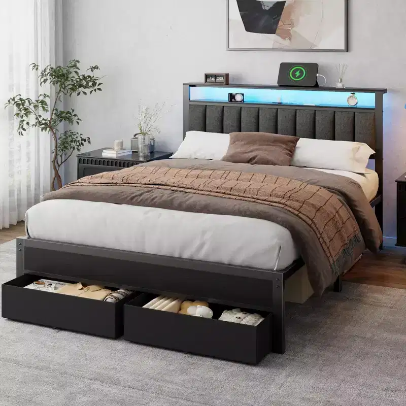 Queen Platform Bed Frame with Charging Station LED Lights 2 Storage Drawers Grey Upholstered Headboard Metal Support No Box Spring Needed