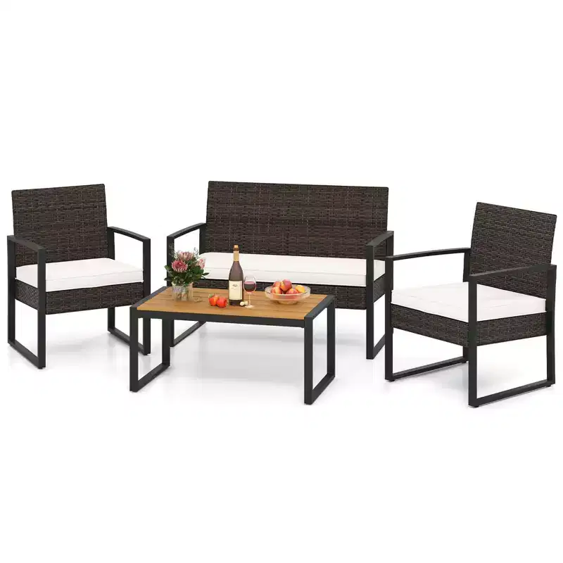 Costway 4 Piece Patio Furniture Set with Cushioned Chairs & Wood Plastic Coffee Table