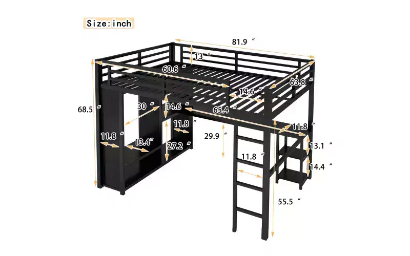 Queen Size Metal Loft Bed with Desk and Wardrobe, Storage Shelves and Guardrails, Black