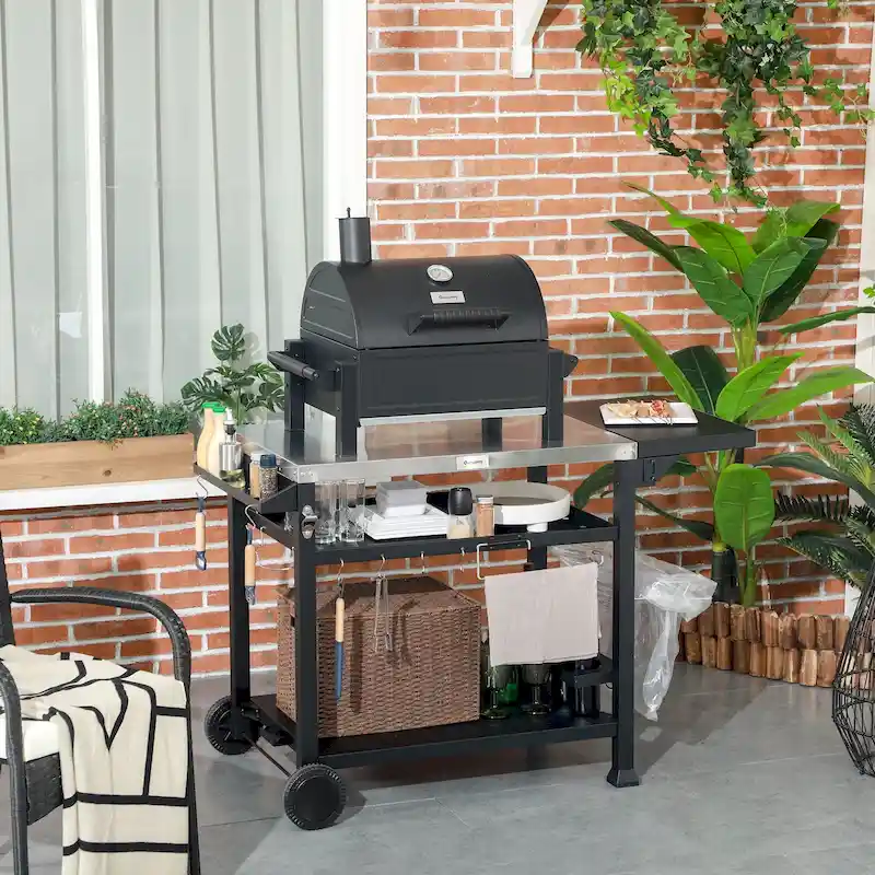 Outsunny Three-Shelf Outdoor Grill Cart with Foldable Side Table, 46 x 21.75 Multifunctional Stainless Steel Pizza Oven Stand