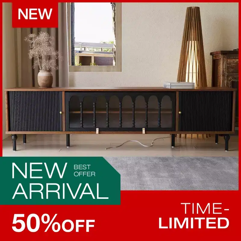 Luck Live Mid-Century Modern 78.74 TV Stand with Sliding Doors, Arched Glass Panels, Metal Handles, Solid Wood Legs & Cable Management