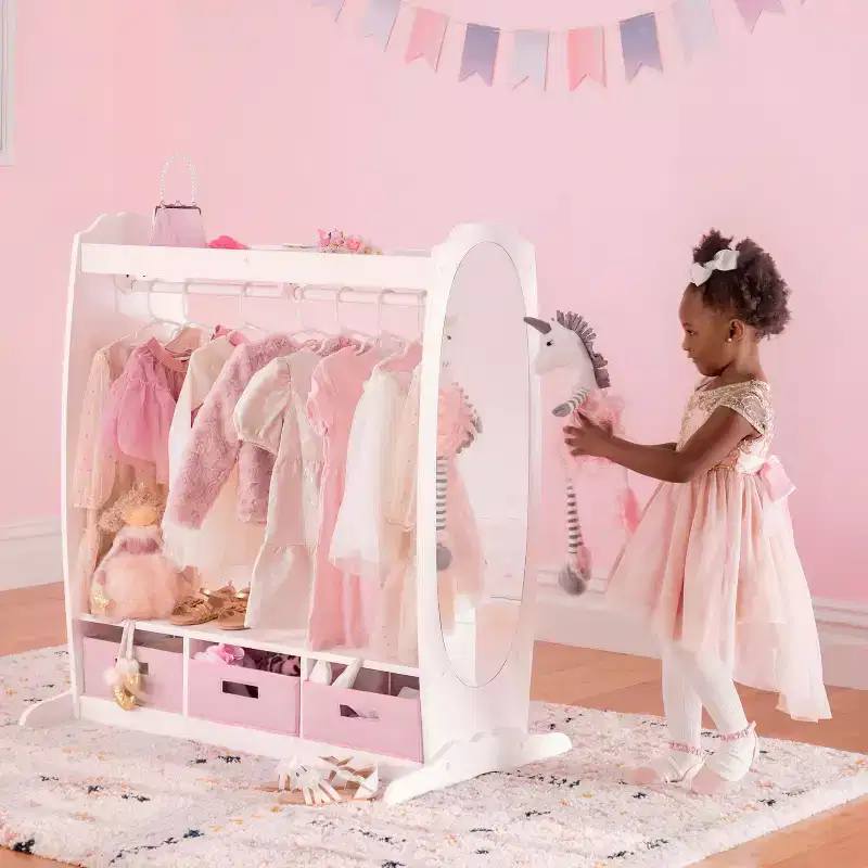 Kids' Dress Up Storage Center - White: Wardrobe with Mirror, Clothing Rack and Fabric Bins