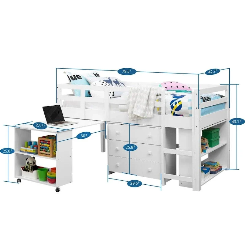 Twin Size Low Loft Bed with Desk and Storage Cabinet