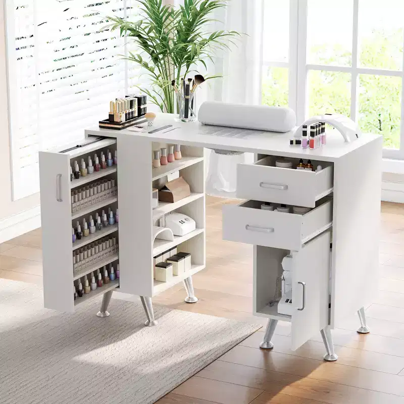 Nail Table with Electric Dust Collector, Wrist Rest, Drawers, and Storage Cabinet