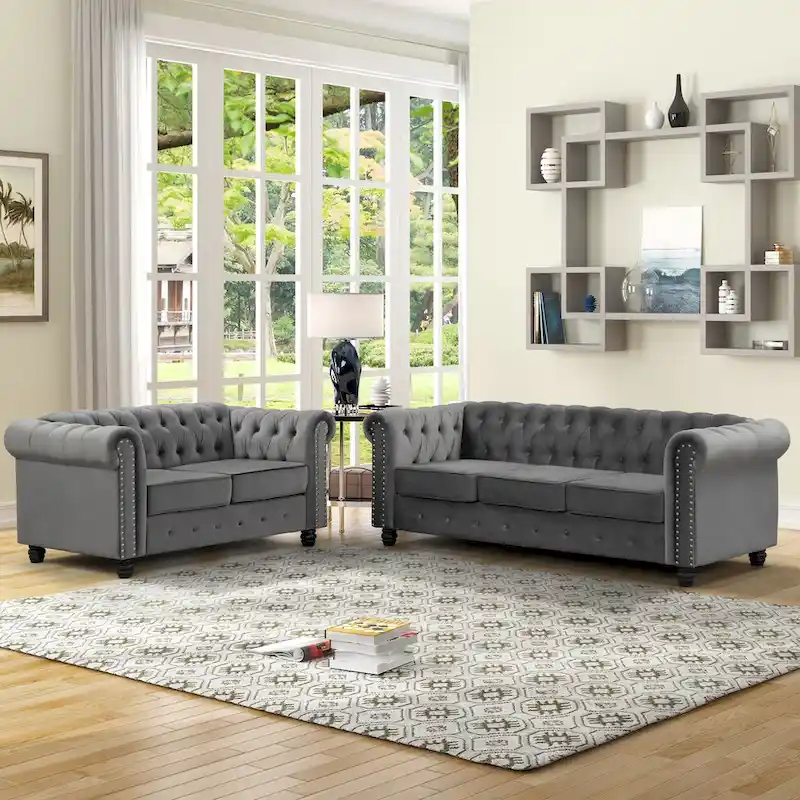 Morden Fort Classic Tufted Velvet Upholstered Chesterfield Club Loveseat and Sofa 2Pieces with Nailhead for Living Room