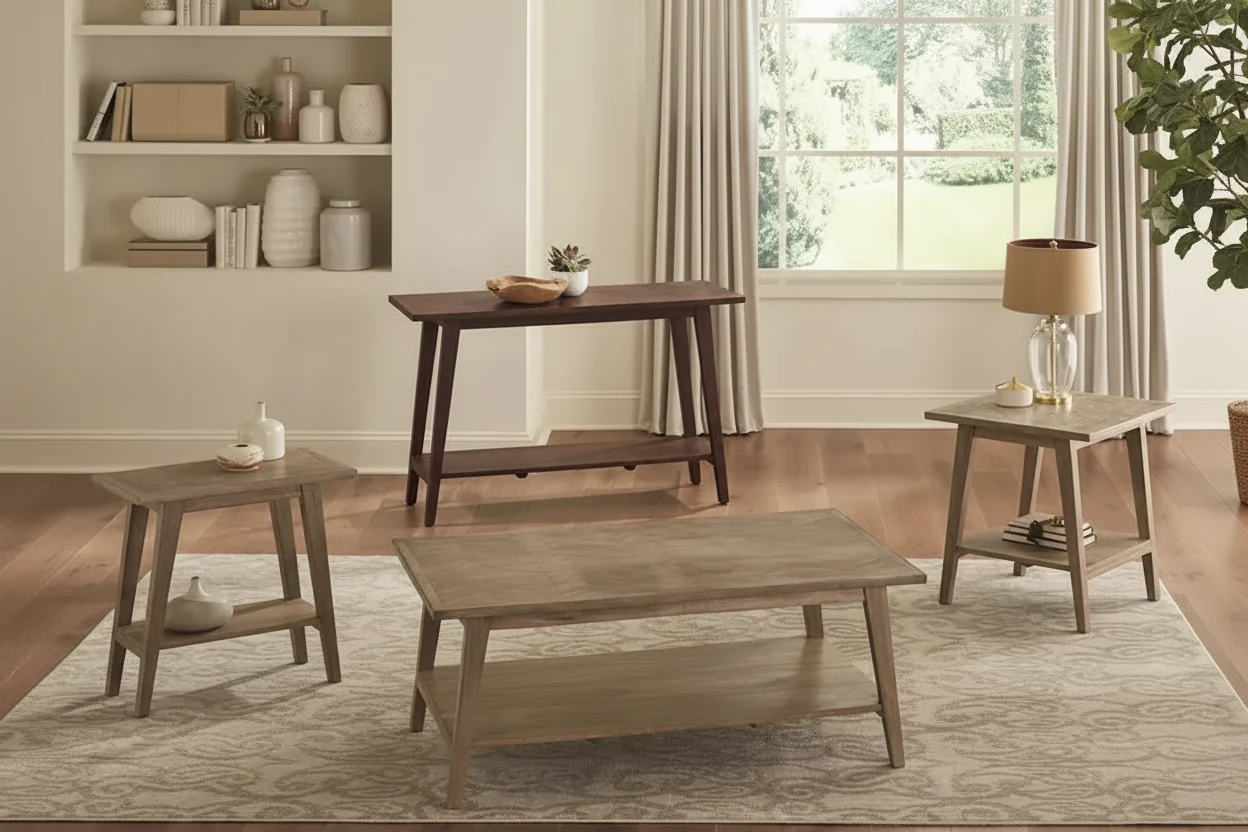 Solid Mango Wood Chairside End Table – Natural, Herringbone Inlay, Mid-Century Style, Single