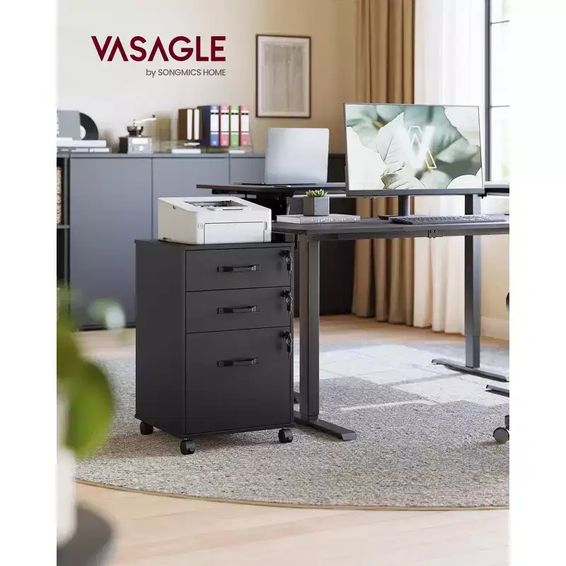 VASAGLE Mobile File Cabinet, 3 Drawers with Wheels, for A4, Letter Sized Documents, Adjustable Hanging Rail for File Folders, Lockable, Ink Black